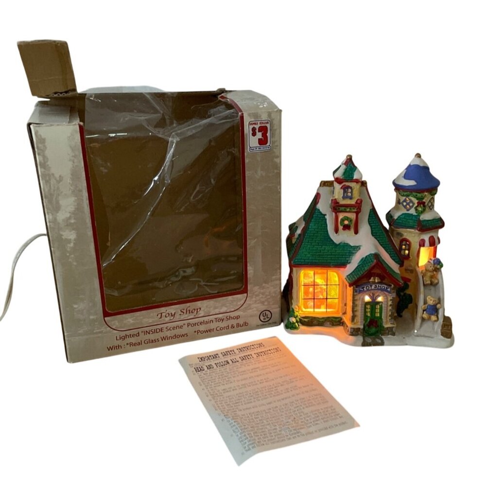 Vintage Enchanted Christmas Village Toy Shop Village Scene Lighted Window Scene